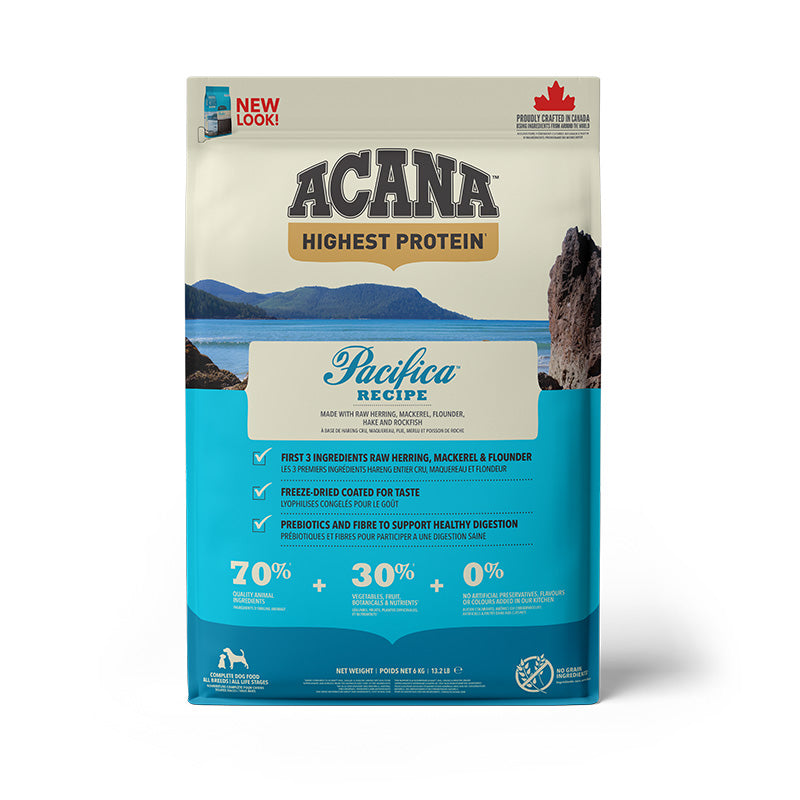 Acana Highest Protein Pacifica Recipe Dog Food – front of bag packaging (South Africa)