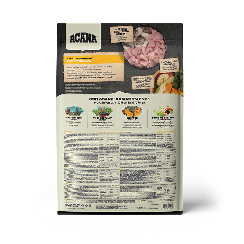 Acana Puppy Recipe Dog Food – back of bag packaging with nutrition details (SA)