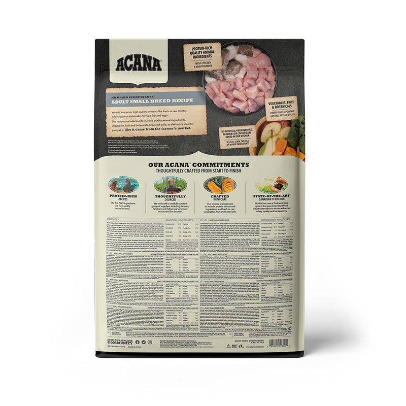 Acana Adult Small Breed Recipe Dog Food – back of bag packaging with nutrition details (South Africa)