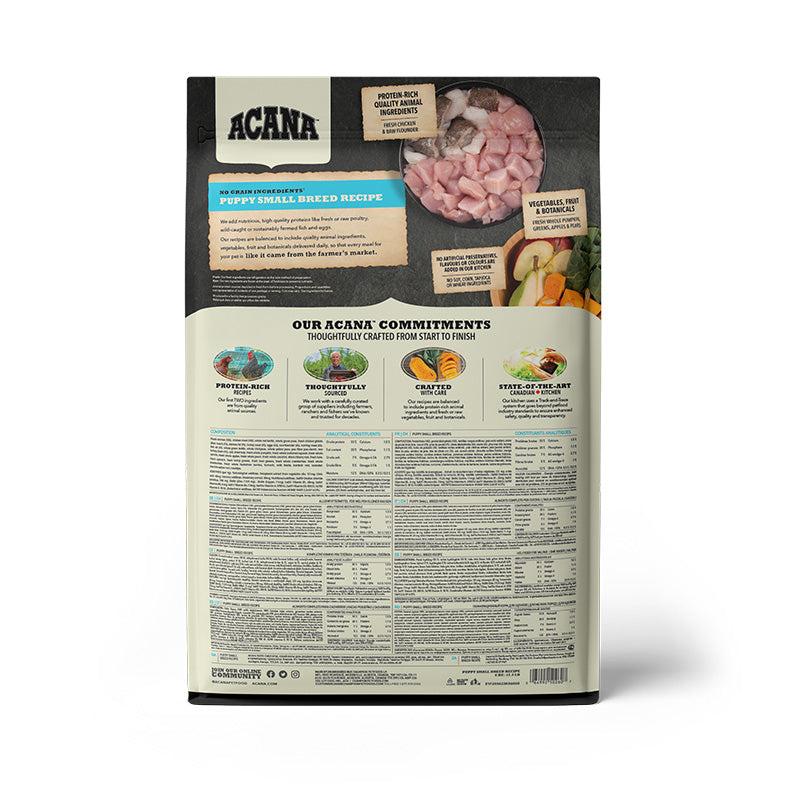 Acana Puppy Small Breed Recipe Dog Food – back of bag packaging with nutrition details (SA)