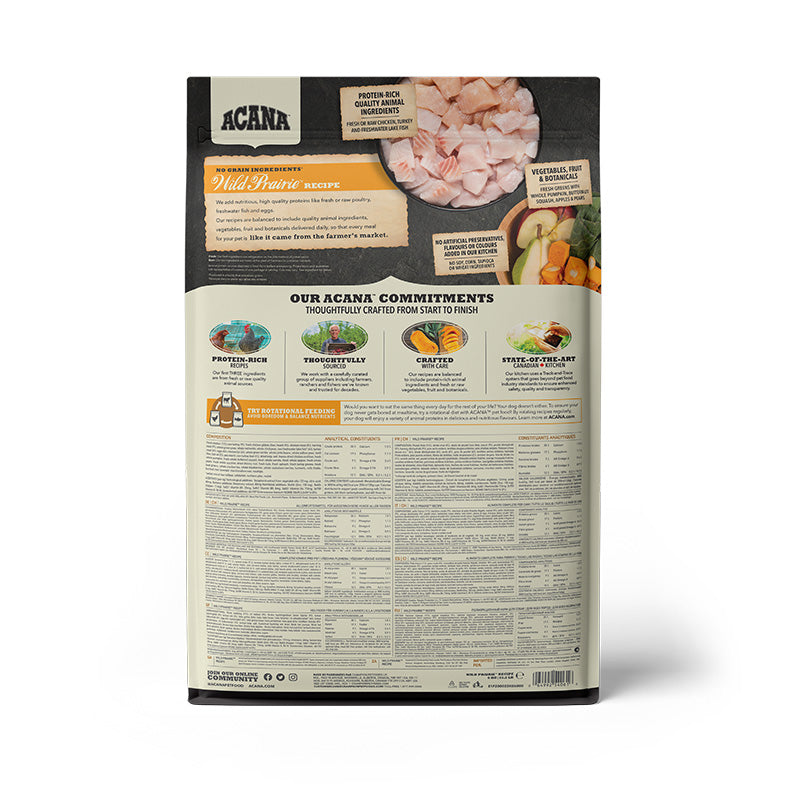 Acana Highest Protein Wild Prairie Recipe Dog Food – back of bag packaging with nutrition details (SA)