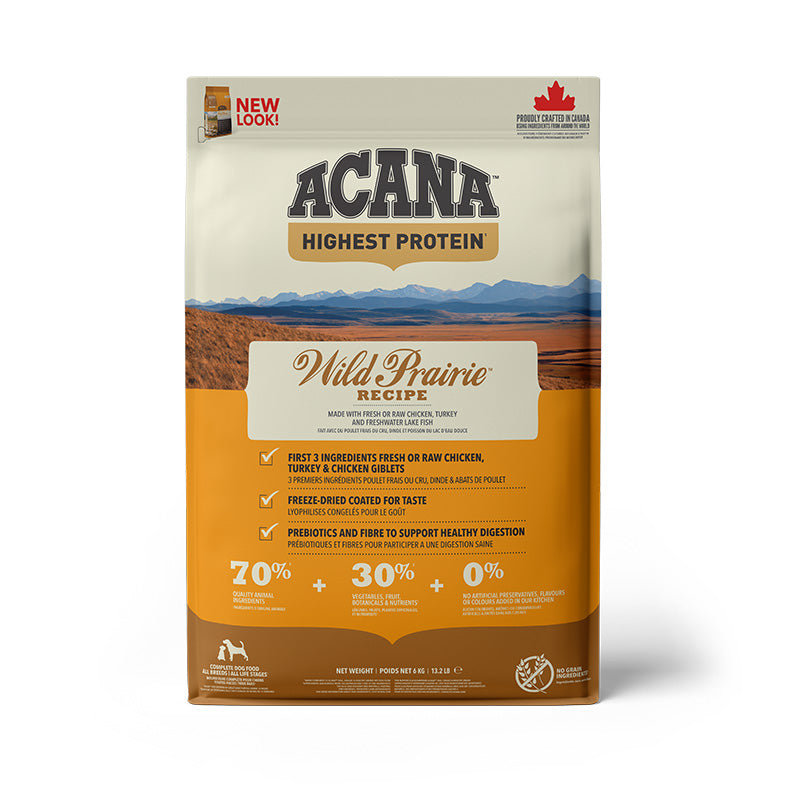 Acana Highest Protein Wild Prairie Recipe Dog Food – front of bag packaging (South Africa)