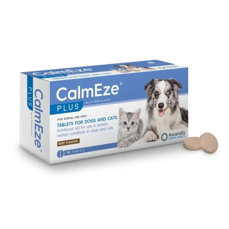 CalmEze Plus tablets for dogs and cats, designed to reduce anxiety with a beef flavor.