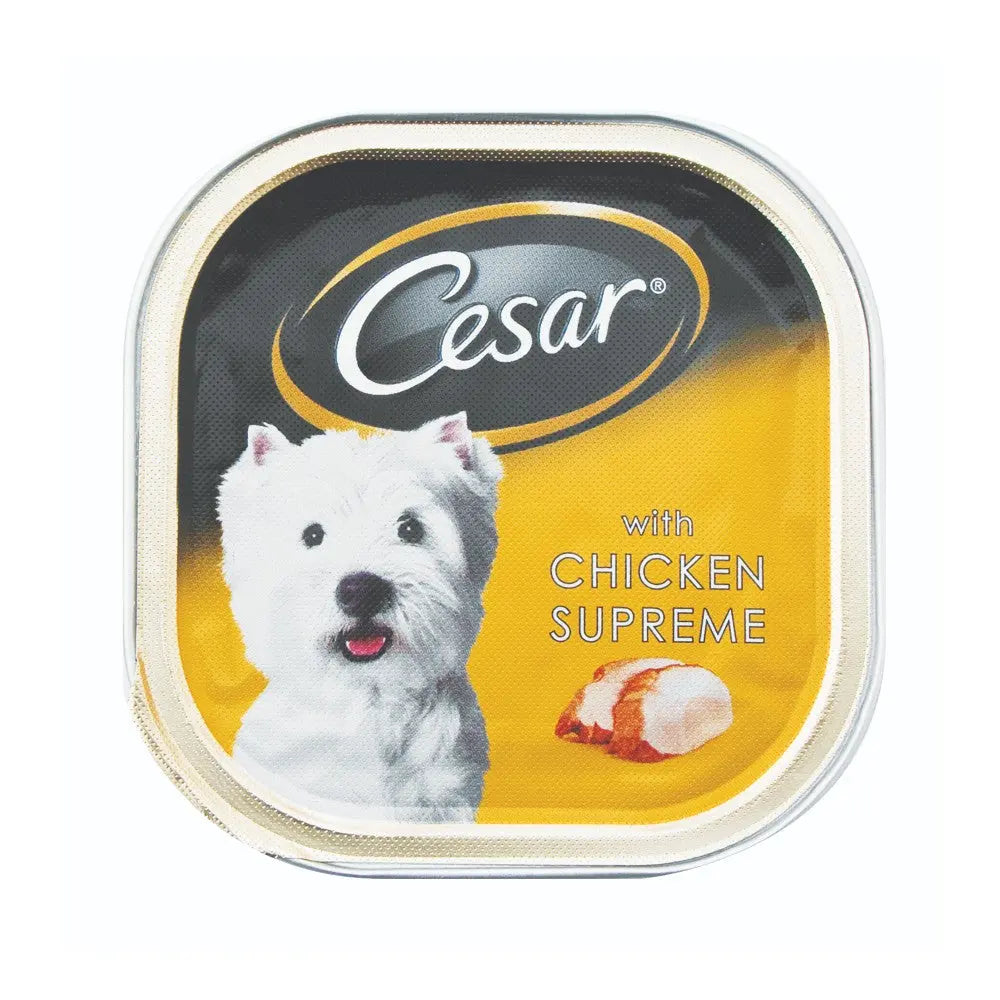 Cesar dog food with Chicken Supreme, featuring a West Highland White Terrier on the packaging.