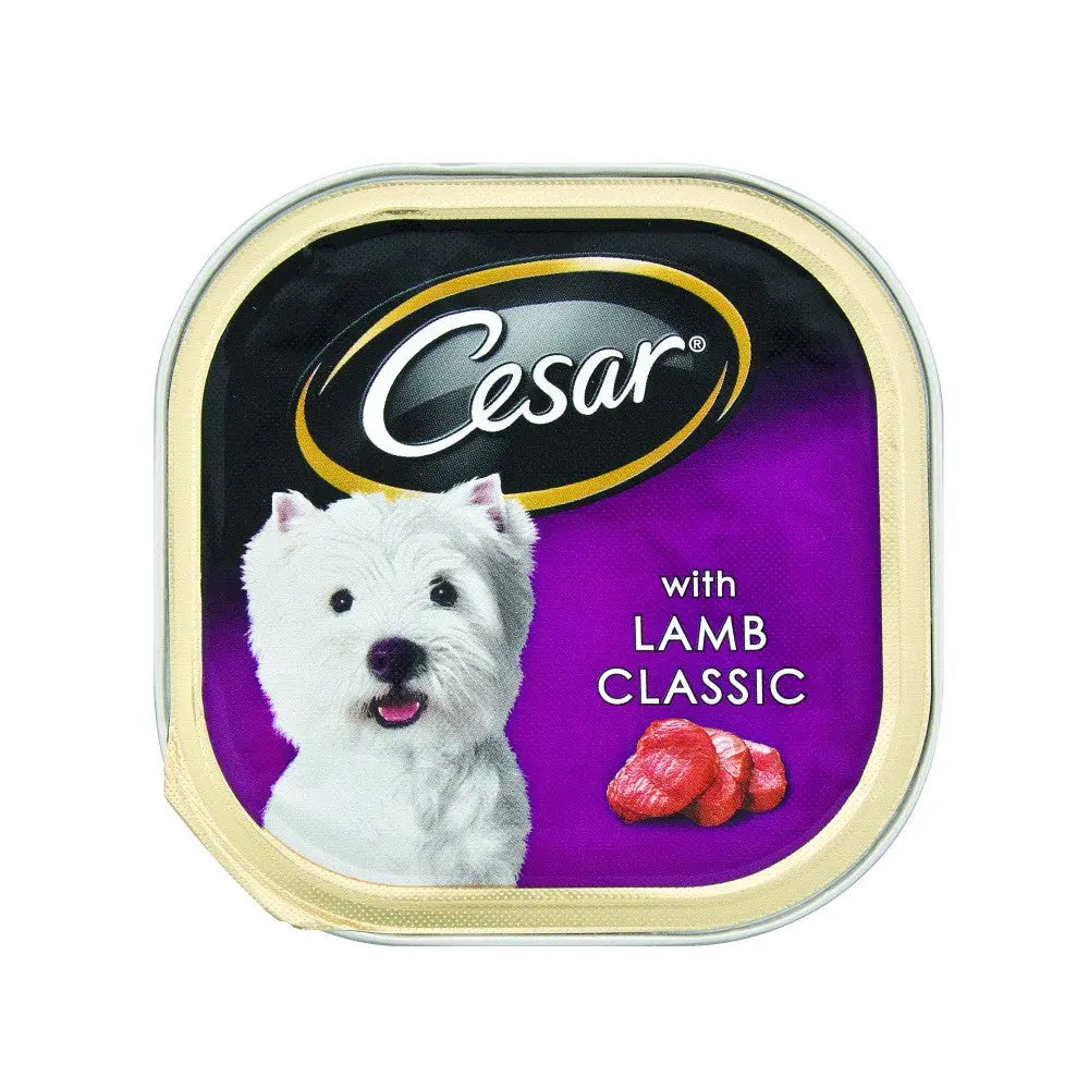 Cesar dog food with lamb classic, featuring a playful dog on the packaging.