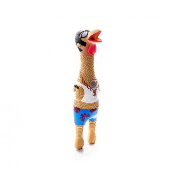 Funny rubber chicken toy in beach attire, perfect for playful pets and entertaining moments.
