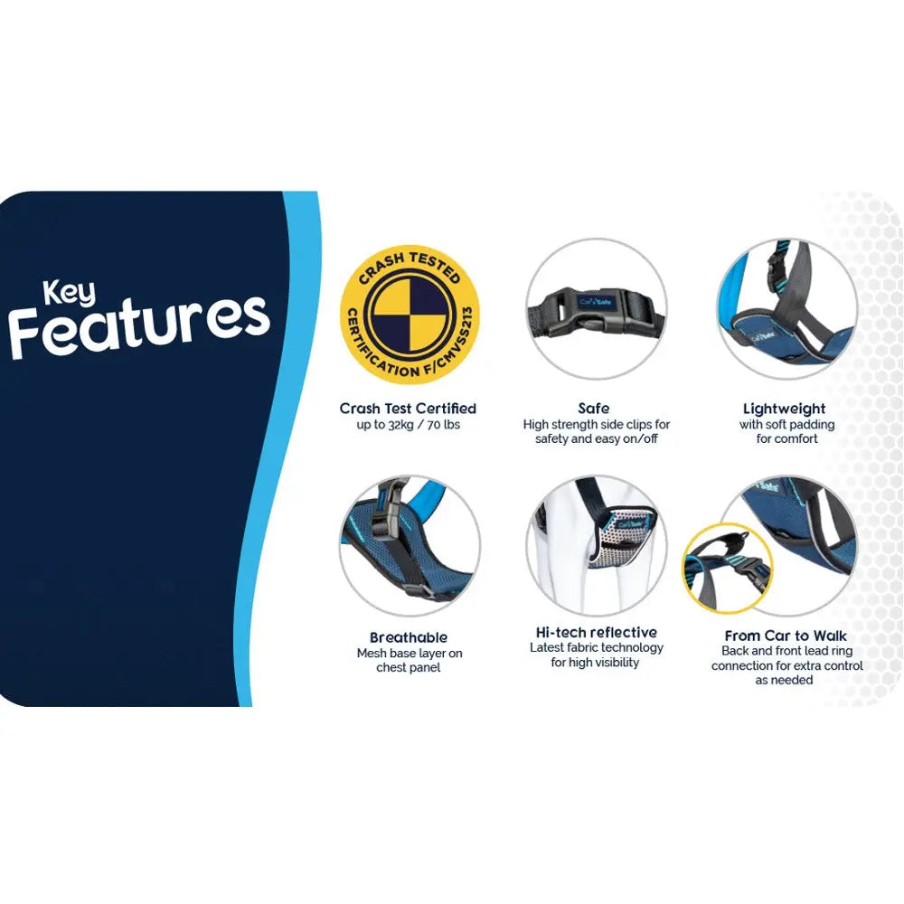 Dog harness features infographic highlighting safety, comfort, and visibility for pet travel.