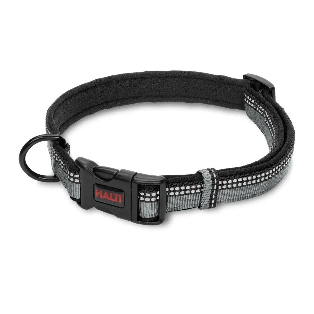 Reflective dog collar with adjustable fit and secure buckle for safe walks.
