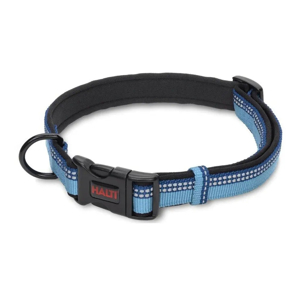 Blue dog collar with reflective stitching and adjustable buckle for safety and comfort.