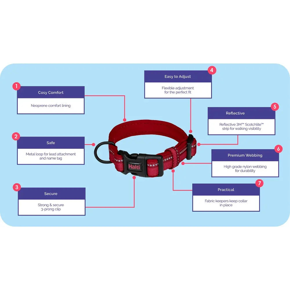 Adjustable red dog collar with reflective features and secure metal attachment for safety and comfort.