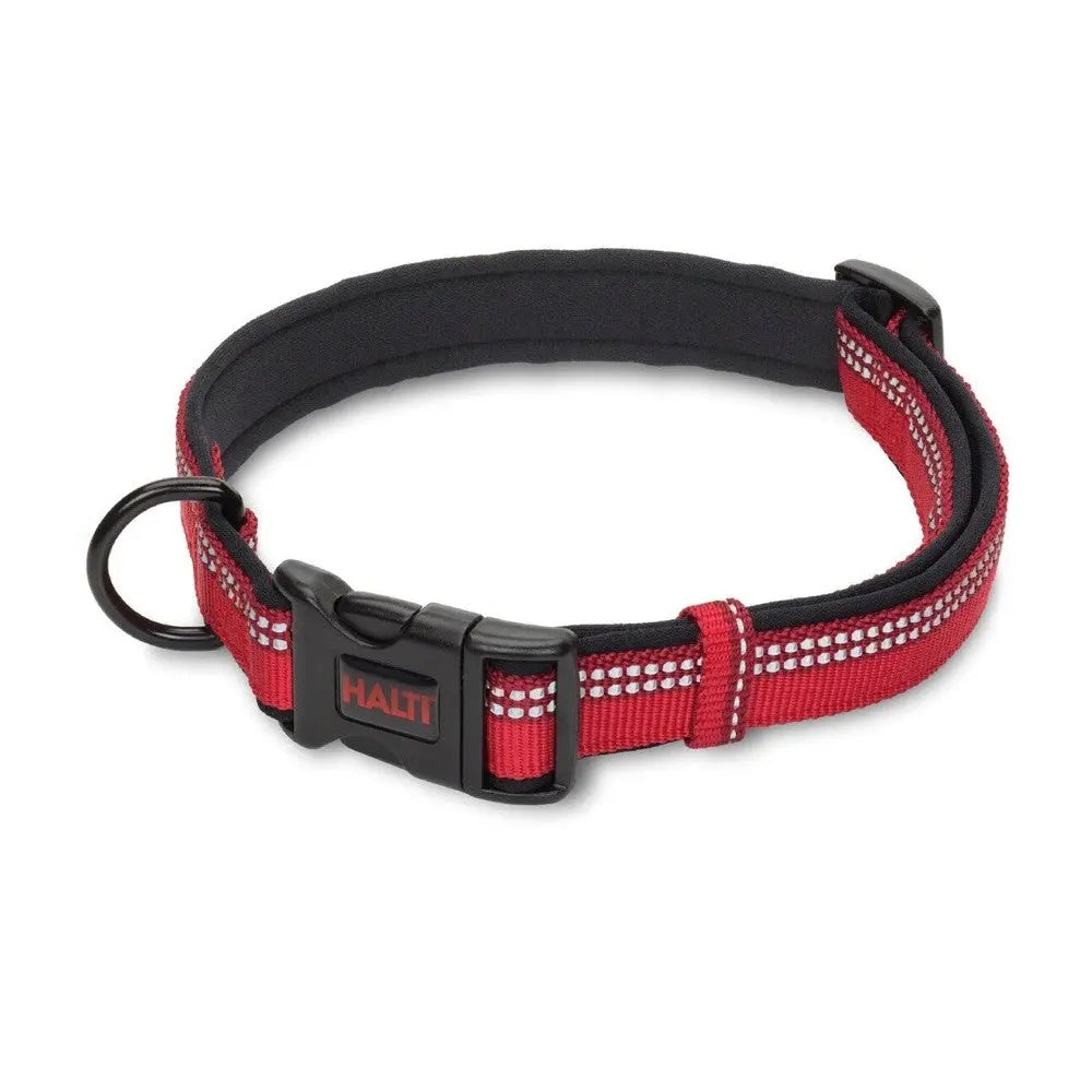 Red dog collar with reflective stitching and adjustable buckle for safety and comfort.