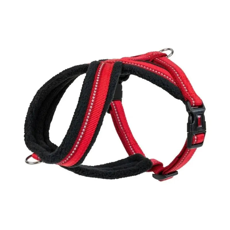 Red dog harness with soft padding and adjustable straps for comfort and safety.