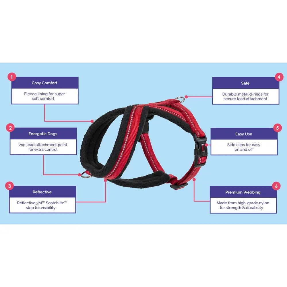 Dog harness with fleece lining, durable metal D-rings, and reflective webbing for safety and comfort.