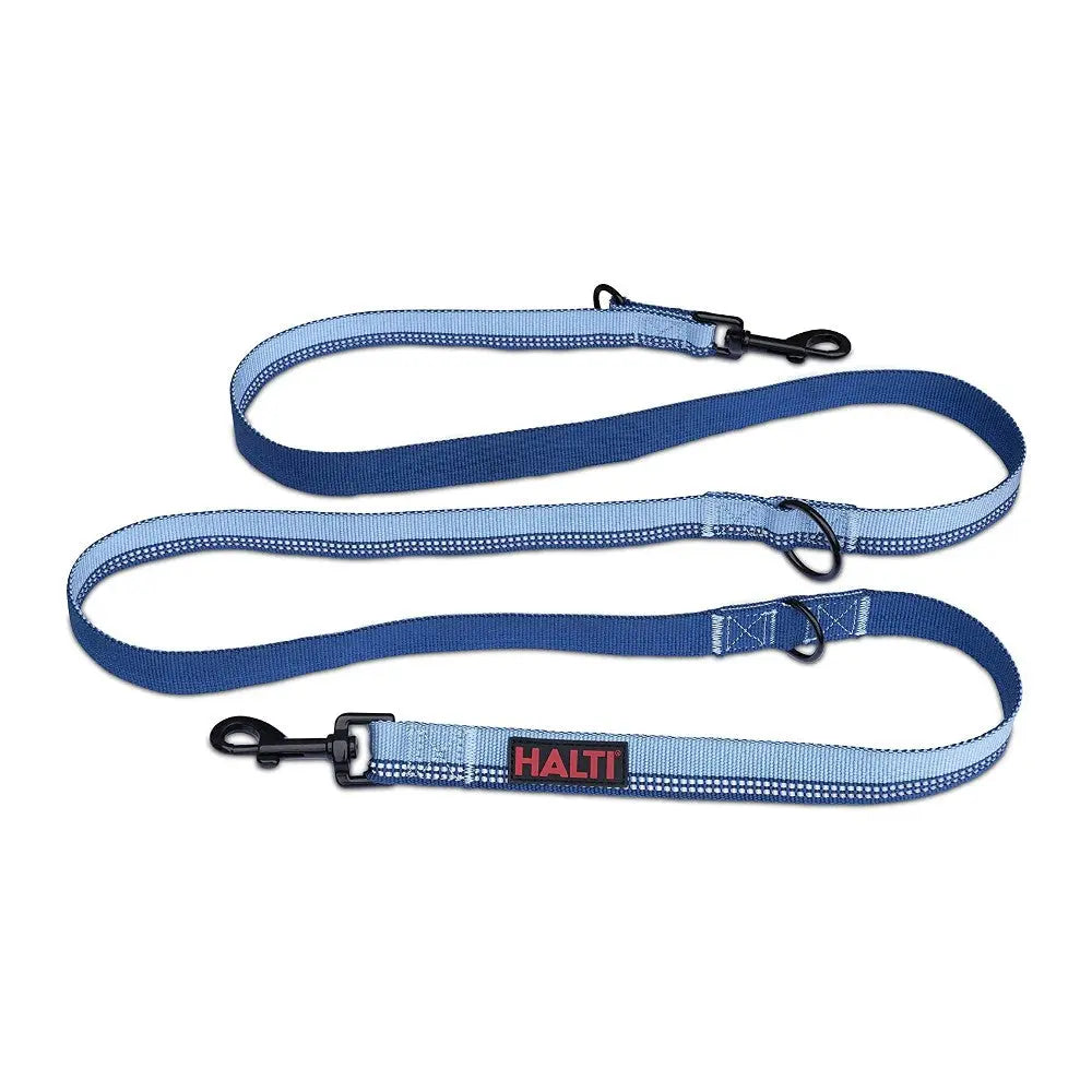 Durable blue dog leash with adjustable length and secure clips for safe walks.