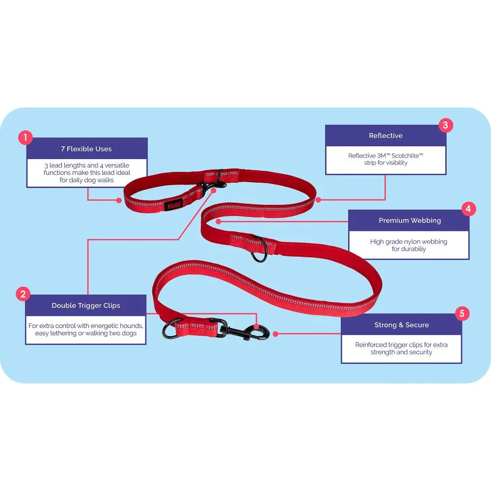 Red dog leash with multiple uses, featuring durable webbing and reflective strip for safety.