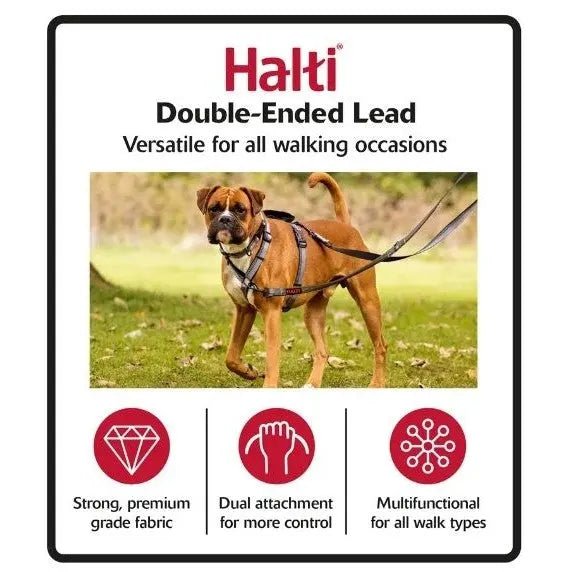 Halti double-ended lead for dogs, featuring strong fabric and dual attachment for versatile walking control.