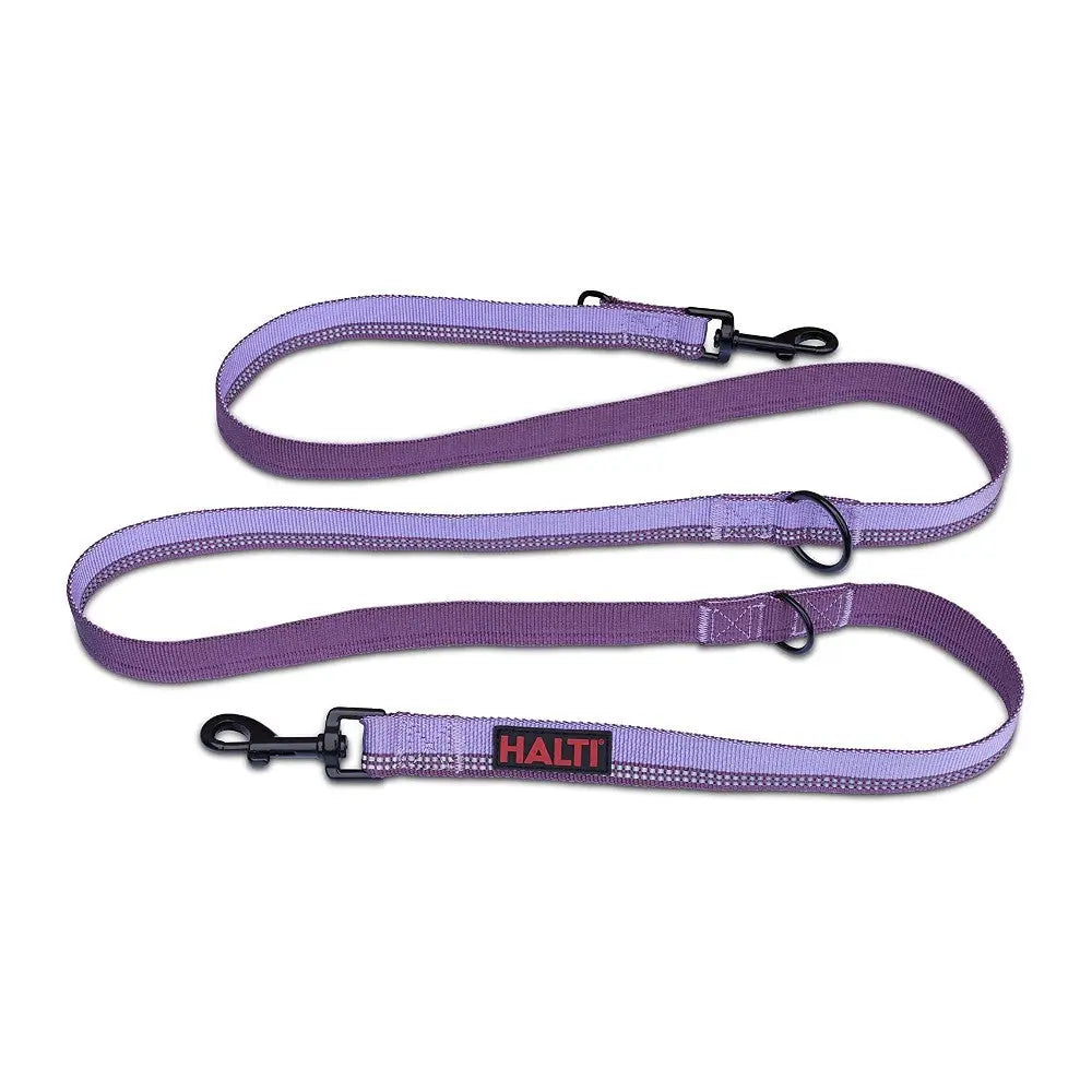 Purple dog leash with adjustable length and sturdy clips for secure walks.