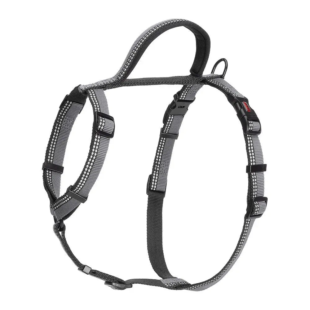 Adjustable dog harness in gray, designed for comfort and safety during walks.