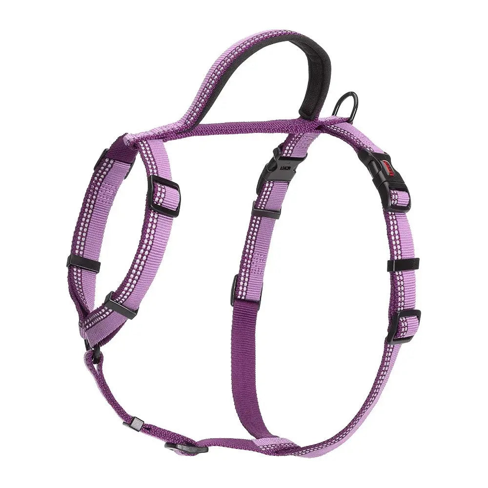 Purple dog harness with adjustable straps and a comfortable design for secure pet walks.
