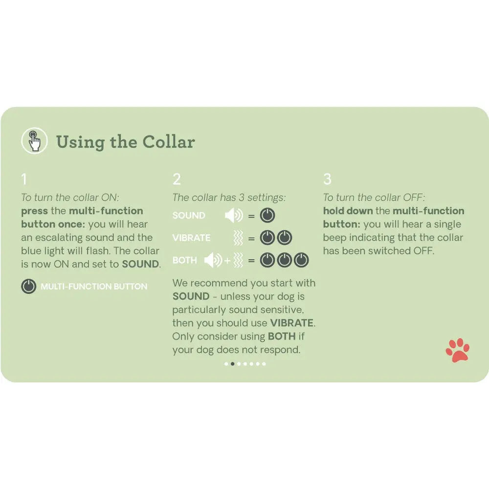 Instructions for using a dog collar with sound, vibrate, and off settings.