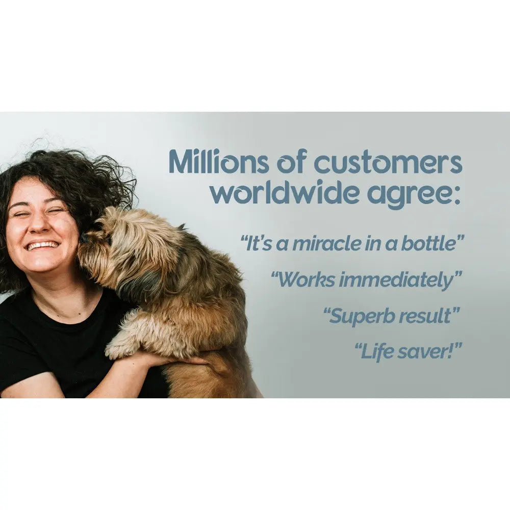 Happy woman with dog, showcasing customer testimonials about a miracle product.