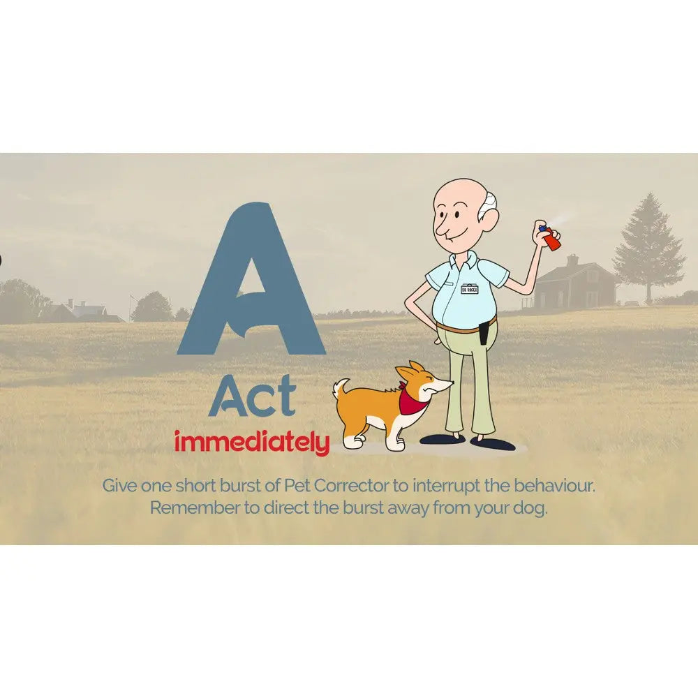 Cartoon man using a Pet Corrector to train a dog in a scenic outdoor setting.
