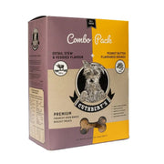 Cuthbert's combo pack features oxtail stew and peanut butter flavored dog biscuits in eco-friendly packaging.