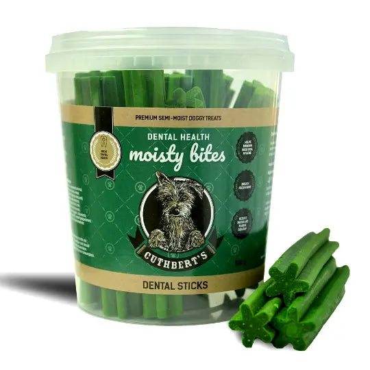 Cuthbert's dental health moisty bites in a tub, featuring green dental sticks for dogs.