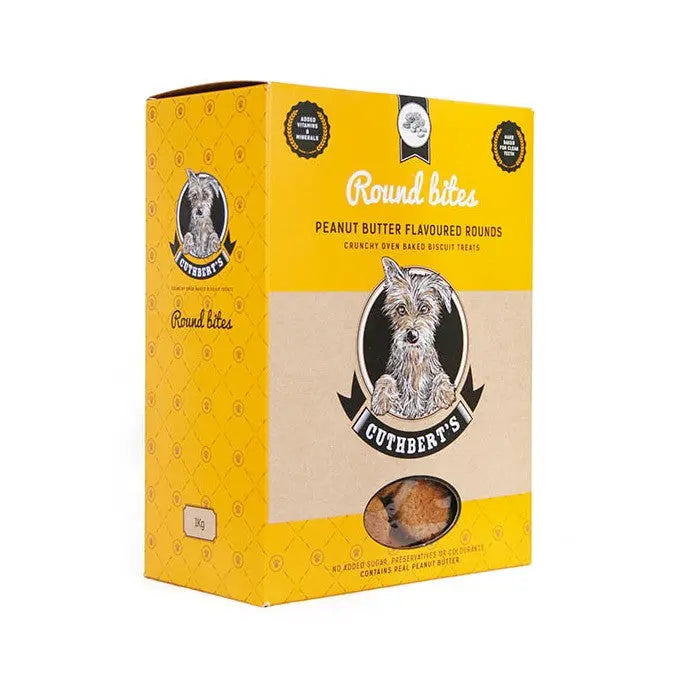 Peanut butter flavored dog treats in a vibrant yellow box, perfect for rewarding your furry friend.