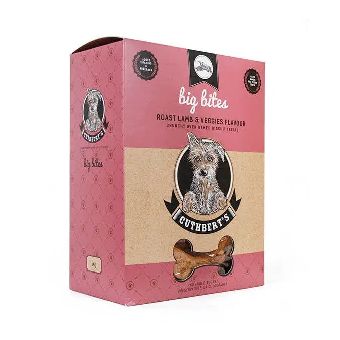 Big Bites dog treats box featuring roast lamb and veggies flavor with a bone-shaped biscuit.