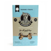 Cuthbert's premium dog treats in a 250g box, featuring a crunchy bone shape for all good dogs.