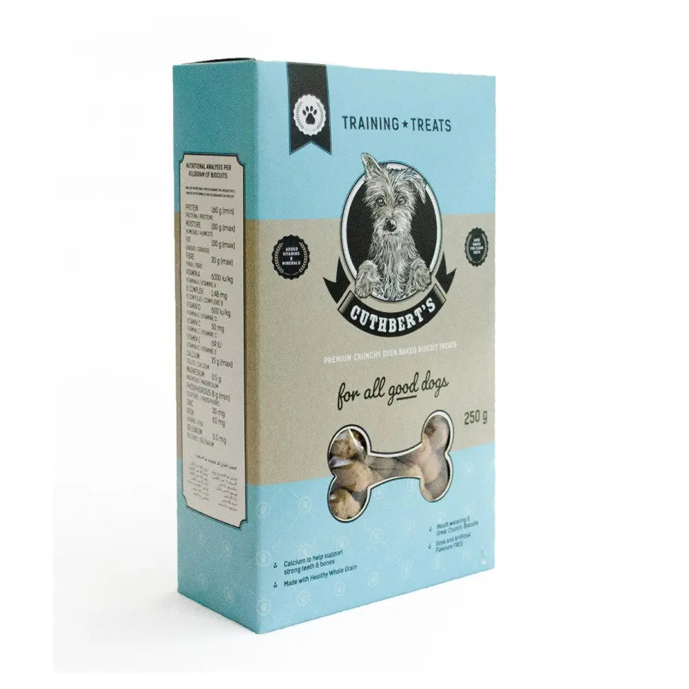 Premium dog training treats in a blue box with nutritional information and a bone graphic.