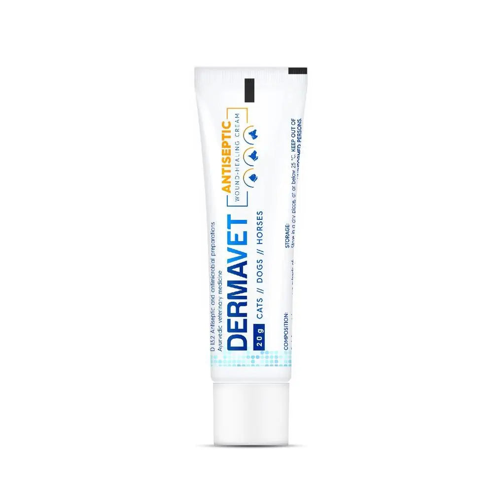 Dermavet antiseptic cream for cats, dogs, and horses in a 20g tube for effective wound care.