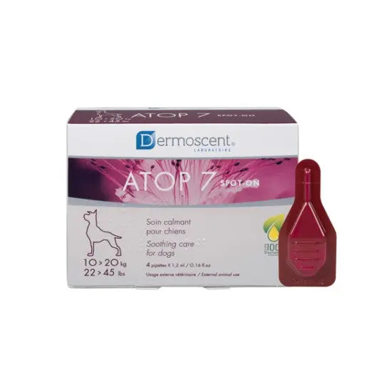 Dermoscent Atop 7 Spot-On for dogs, soothing care for pets weighing 22-45 lbs, 4 applications.