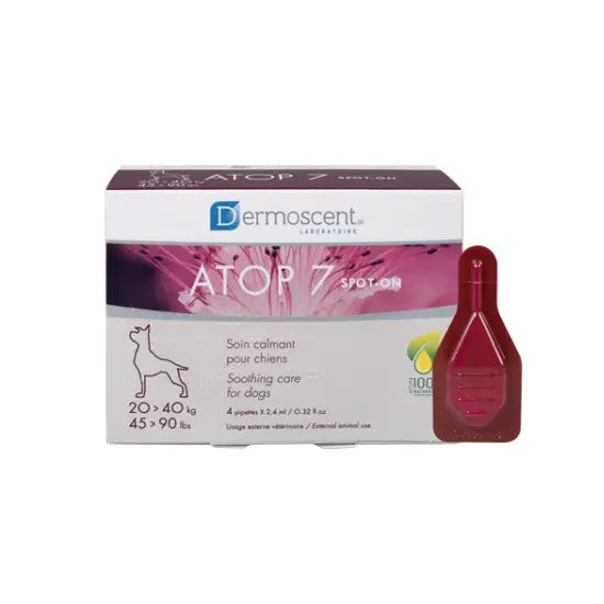 Dermoscent Atop 7 Spot-On for dogs, soothing care for pets weighing 45-90 lbs, 4 applications included.