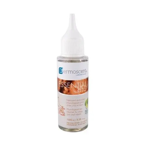 Dermoscent Essential Oto ear cleaner for pets, 100ml bottle with easy applicator tip.