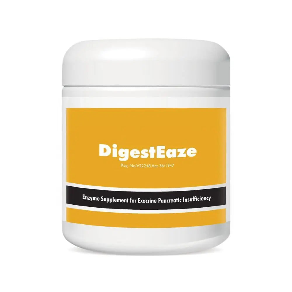 DigestEaze enzyme supplement for managing exocrine pancreatic insufficiency in a yellow container.