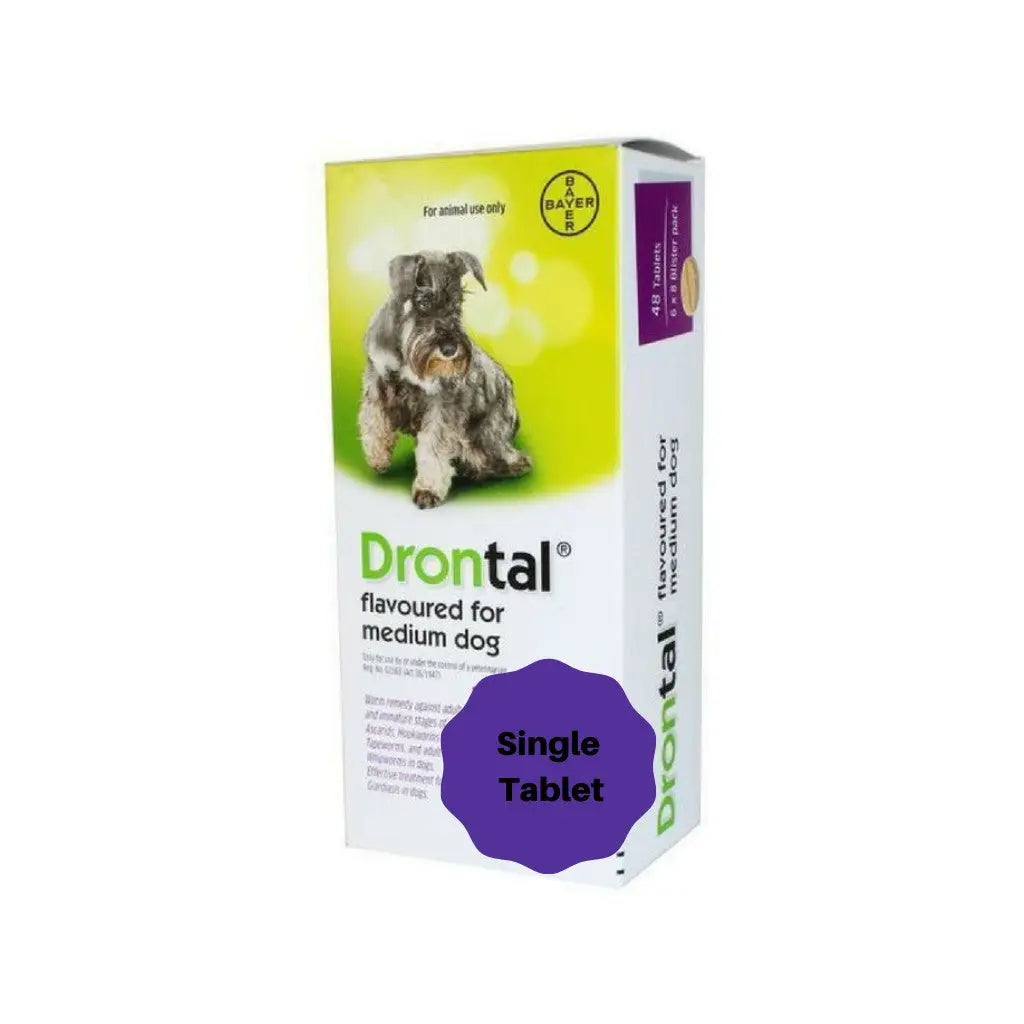 Drontal flavored tablet for medium dogs, effective deworming solution in convenient packaging.