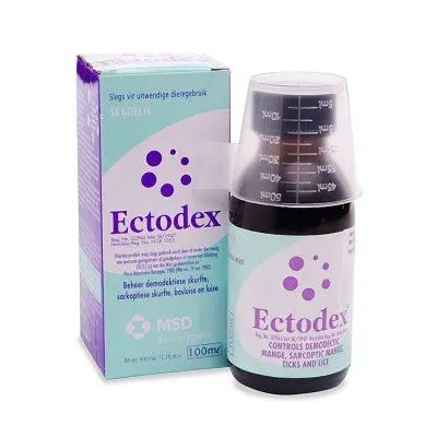 Ectodex treatment for controlling mites, ticks, and lice in animals, featuring a user-friendly bottle and packaging.