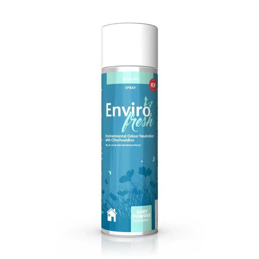 Enviro Fresh spray for neutralizing odors, featuring a baby powder fragrance and eco-friendly design.