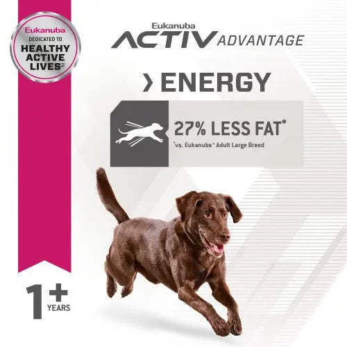 Eukanuba Active Advantage Energy dog food packaging highlighting 27% less fat for active dogs over 1 year.