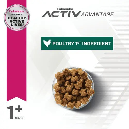 Eukanuba dog food featuring poultry as the first ingredient in a bowl for active dogs over 1 year old.