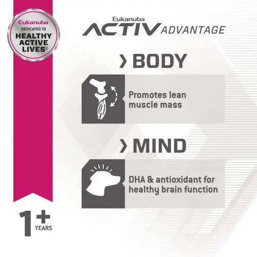 Eukanuba Activ Advantage infographic highlighting benefits for body and mind in dogs over one year old.