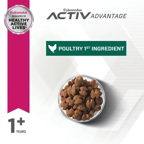 Eukanuba dog food featuring poultry as the first ingredient in a clear bowl for healthy active pets.