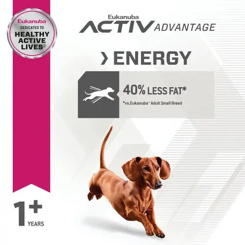 Eukanuba Active Advantage Energy dog food packaging with 40% less fat for adult small breeds.