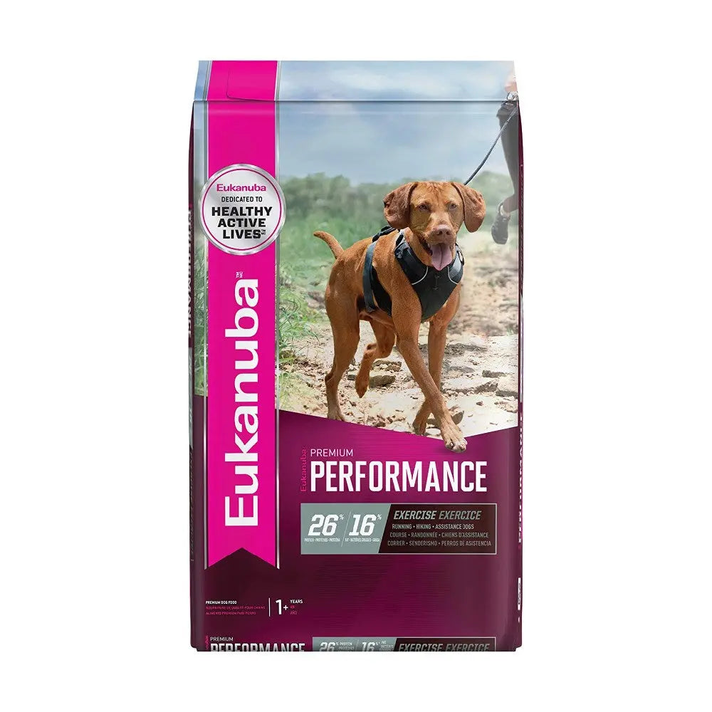 Eukanuba Performance dog food bag designed for active dogs, featuring exercise and nutrition benefits.