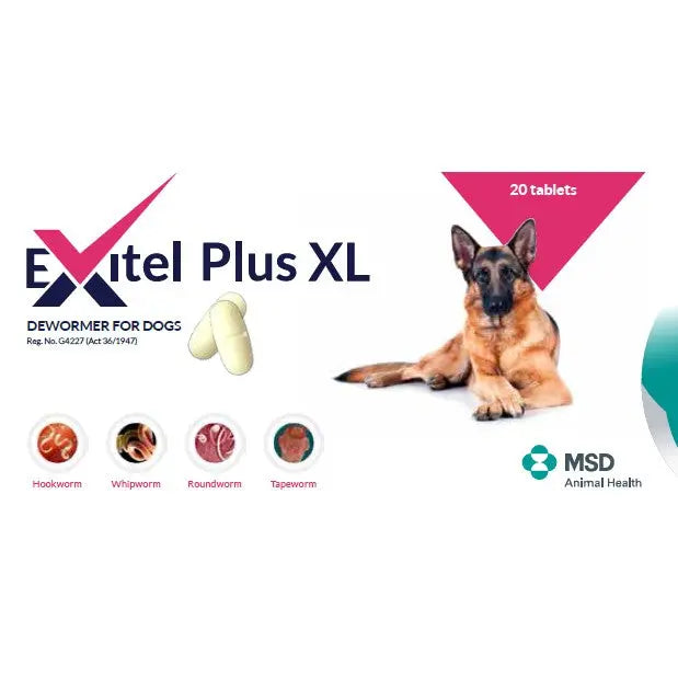 Exitel Plus XL dewormer for dogs, featuring 20 tablets and a German Shepherd illustration.