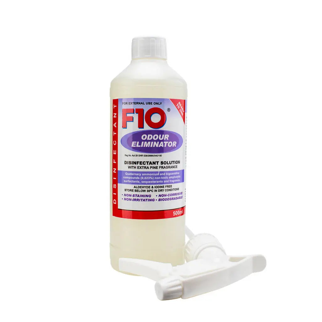 F10 Odour Eliminator disinfectant solution in a 500ml bottle with spray nozzle for effective odor removal.