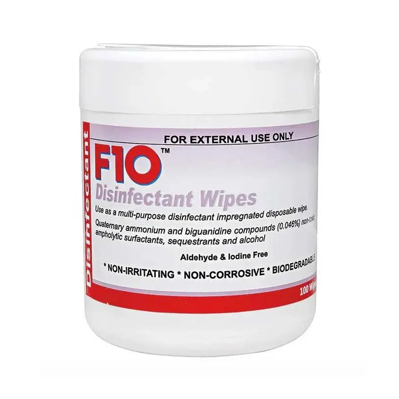 F10 Disinfectant Wipes in a container, ideal for effective cleaning and sanitizing surfaces.
