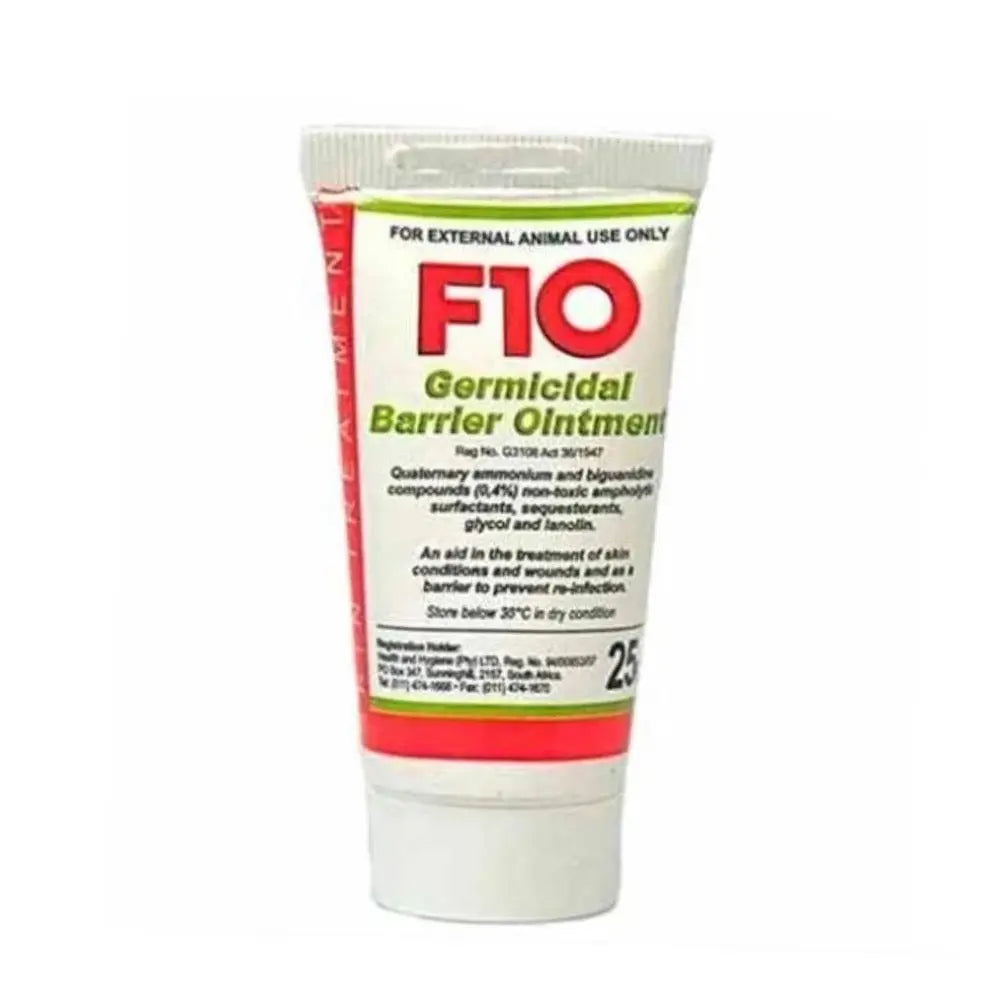 F10 Germicidal Barrier Ointment for treating skin conditions in animals, 25g tube.